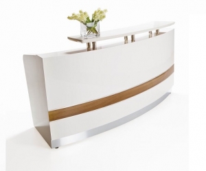 Conservatory Designer Curved Reception Counter Gloss White with Teak Inlay