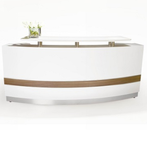 Conservatory Designer Curved Reception Desk Gloss White with Teak Inlay