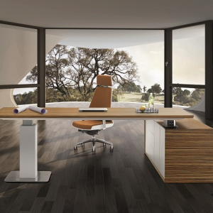 Evolution Height Adjustable Desk with Return Buffet, Finished in Zebrano Timber Veneer & Gloss White