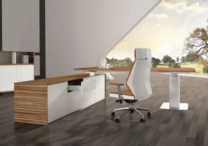 Evolution Height Adjustable Desk with Buffet, Finished in Zebrano Timber Veneer & Gloss White