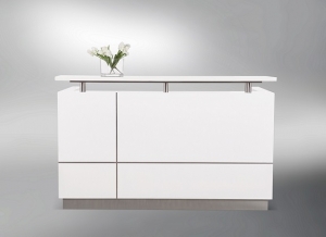 Hugo Modern Reception Desk White Gloss, Feature Alum Trim Lines, Counter Hob Top in White Caesar Stone