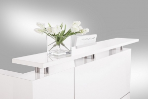 Hugo Modern Reception Desk White Gloss, Counter Hob Top in White Caesar Stone with Chrome Pillars