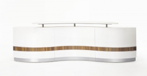 Martinique Wave Designer Reception Counter White Gloss with Teak Inlay
