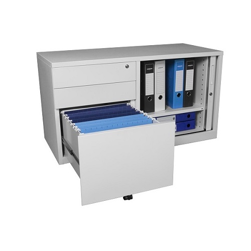Steelco Mobile Caddy Tambour Door with LH Drawers Open Workstation Solution